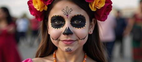 A Sugar Skull Girl donning traditional face paint for Day of the Dead Dia de los Muertos festivities during a Mexican holiday celebration photo