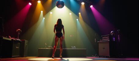 A vibrant 70sinspired party scene with a revolving mirror disco ball glittering under flashing stage lights amidst vintage speakers and amplifiers emanating nostalgic vibes photo
