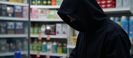 Criminal depicted as hooded silhouette stealing from store photo