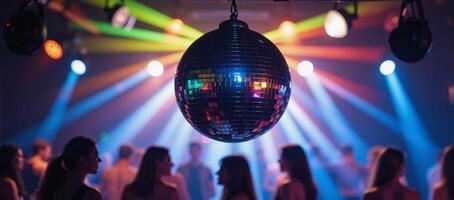 A disco ball illuminates the dancefloor with rainbow beams and swirling bokeh lights behind photo