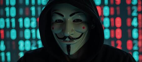 Digital art depicting a hacker wearing the Anonymous mask and hoodie amidst dark binary code backdrop photo