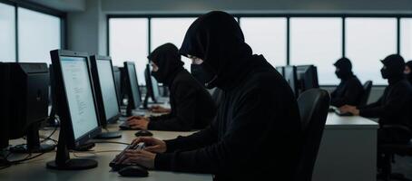 Call Center Scammers Criminals in masks and headsets at work with computers photo