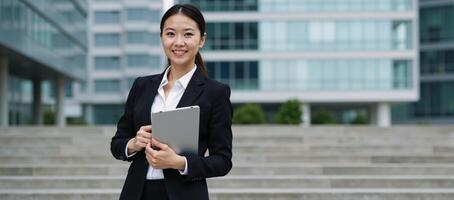Asian Businesswoman standing on steps in black suit and holding a tablet against a backdrop of modern business buildings photo