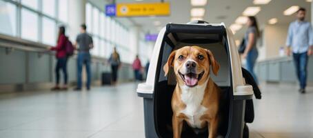 A joyful dog travels through an airport terminal inside its carrier photo