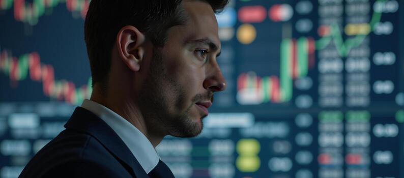 Profile view of mans head surrounded by stock market graphs photo