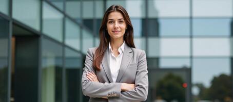 Businesswoman posed before an office building at workrelated event photo