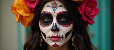 A captivating diverse digital art piece showcasing a sexy woman adorned in Day of the Deadinspired sugar skull makeup and Mexican masks photo