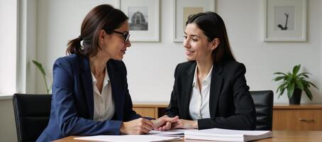 A multicultural female mentor provides guidance to her trainee on business matters within an office setting photo