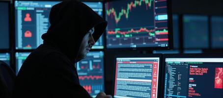 Hooded analyst engrossed in multiscreen data analysis within a cybersecurity environment surrounded by bold red digital elements photo