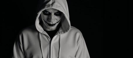 A Halloweenthemed portrait depicts an ominous figure a blackclad hooded man with sinister makeup hinting at his possible identity as a dangerous criminal lurking in the shadows photo
