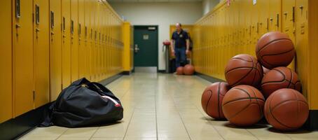 Gym locker room filled with disarray empty yellow lockers scattered bags and balls on the ground photo