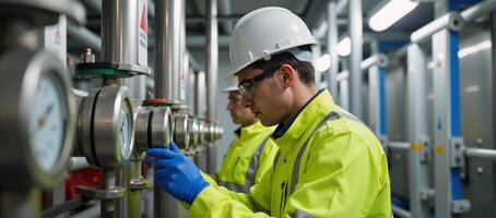 Workers wearing safety gear closely examine a hydrogen gas storage site midshot photo