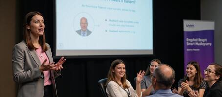 Businesswoman presenting startup idea to applauding smiling audience during speech photo