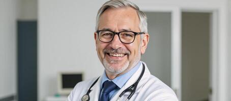 A confident caring elderly doctor beams warmth while dressed professionally in a medical setting photo