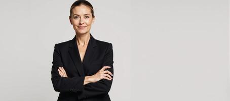A professional confident businesswoman stands solo on a pristine white backdrop clad in black attire and striking pose photo