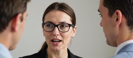 A businesswoman shares strategies with her mentor showcasing an expressive face in a stylish ensemble of black glasses and silver earrings photo