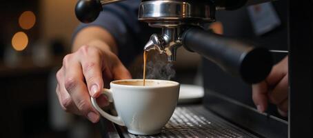 maker pours coffee in espresso machine photo
