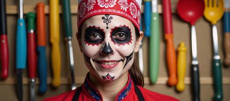 A Sugar Skull chef is depicted wearing a bandana while wielding kitchen utensils photo