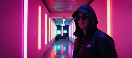 A hooded man stands in a vibrant neonlit futuristic hall photo