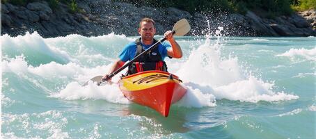 Watercolor depiction Closeup front view of kayaker navigating through vibrant rapids with a focus on splashing water and vivid color palette photo
