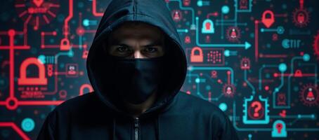 Illustrated cyber security scene with hacker in hoodie amidst encrypted data firewalls photo