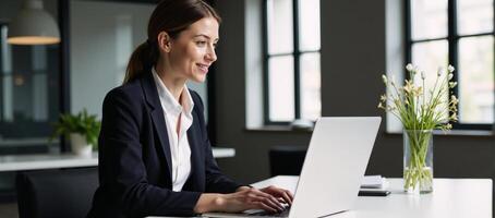 A stylish businesswoman works productively at her desk with laptop computer in a modern office setting photo