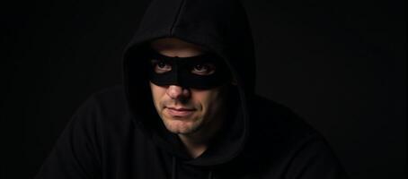 Criminal man with hooded appearance gazes at dangerous backdrop photo