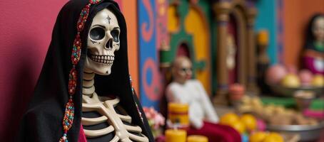 A depiction of La Santa Muerte as a skeletal figure with robed clothing and carrying a scythe or staff commonly associated with Mexican folklore photo