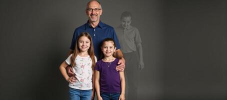 Children and their father gather with a translucent grandfather and the silhouettes of deceased relatives in a poignant depiction of familial connection photo