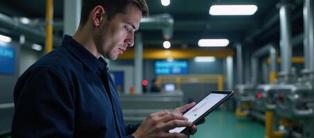 Closeup view of a worker examining data on a tablet against the backdrop of an integrated hydrogen manufacturing facility photo