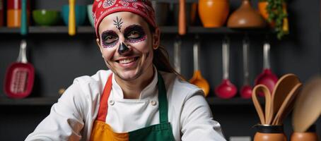 A sugar skull chef wearing bandana and kitchen utensils photo