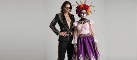 A Da de Los Muertos depiction of both a Male and Female Catrina adorned with sugar skull makeup photo