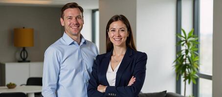 A diverse duo of smiling businesspeople pose together indoors photo