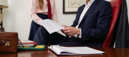 Illustration showcasing a lawyer offering guidance to a young assistant at their shared desk photo