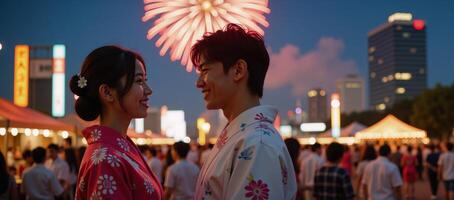 A romantic Japanese couple basks in fireworklit summer nights during a festive evening in Tokyo while dressed in traditional yukatas photo