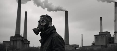 Man in gas mask before polluted factory stacks highlights environmental concerns photo