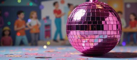 Pink disco ball adorned with colorful squares amidst sparkling confetti on an illustrated backdrop photo