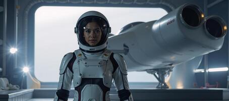 A futuristic astronaut woman is depicted against a backdrop of a sleek spaceship photo