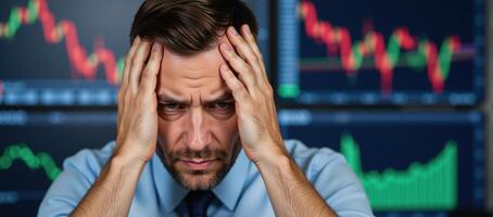 Stressedout investor in distress amidst stock charts and financial news photo