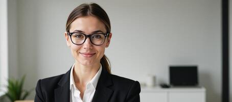 Young professional woman posed confidently within a busy corporate environment photo