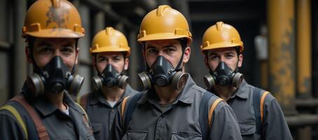 Workers wear respirators for protection during hazardous work photo