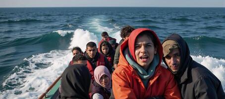 Refugees in rickety boats journey across turbulent seas towards new land photo