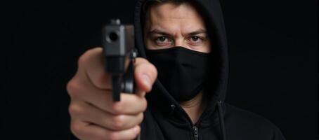 Attacker brandishing weapon gun targets individual donning black mask and hoodie in threatening scenario photo