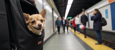 Small dog on bustling subway platform peering from fashionable pet carrier among commuters photo
