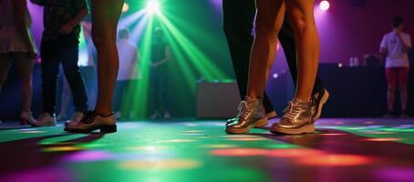 A lively colorful disco scene set against an abstract backdrop of dancing lights on an illuminated dance floor photo