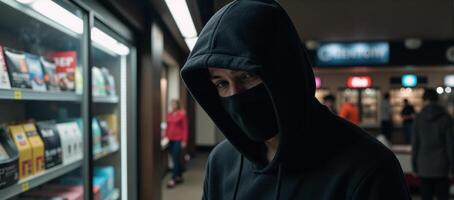 A hooded figure depicted as a retail robber committing urban crime at night photo