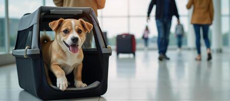 Cute dog awaits departure with pet carrier at airport styled as a whimsical neuralnetwork illustration photo