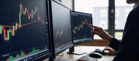 Trading analysis on multimonitor setup with stock market data and financial graphics in office setting photo