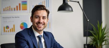 A contented financial analyst surrounded by growth charts photo
