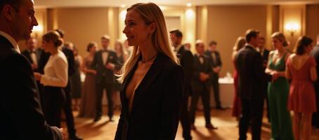 Party scene People in formal wear dancing against a blurred backdrop illuminated by golden lights and a bokeh effect photo